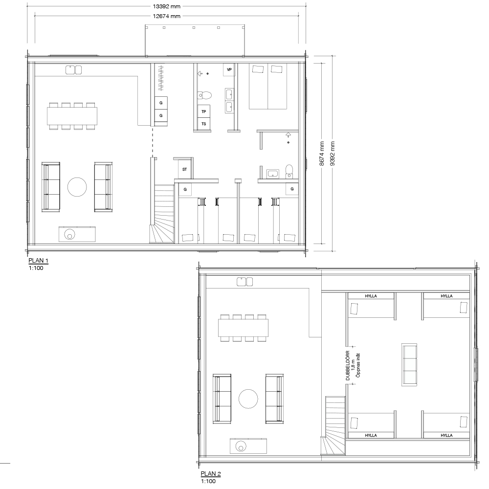 Arkitektritad ritning av loftvåning i fjällhus.